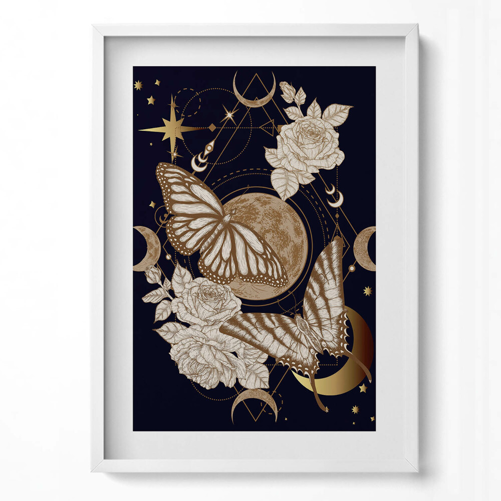 Függőleges kép keretben Kozmosz pillangók és virágok varázslatos kompozíciója