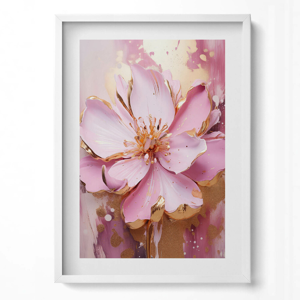 Függőleges kép keretben Rózsaszín virág arany részletekkel