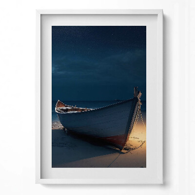 Függőleges kép keretben Hajó a tengerparton éjszaka