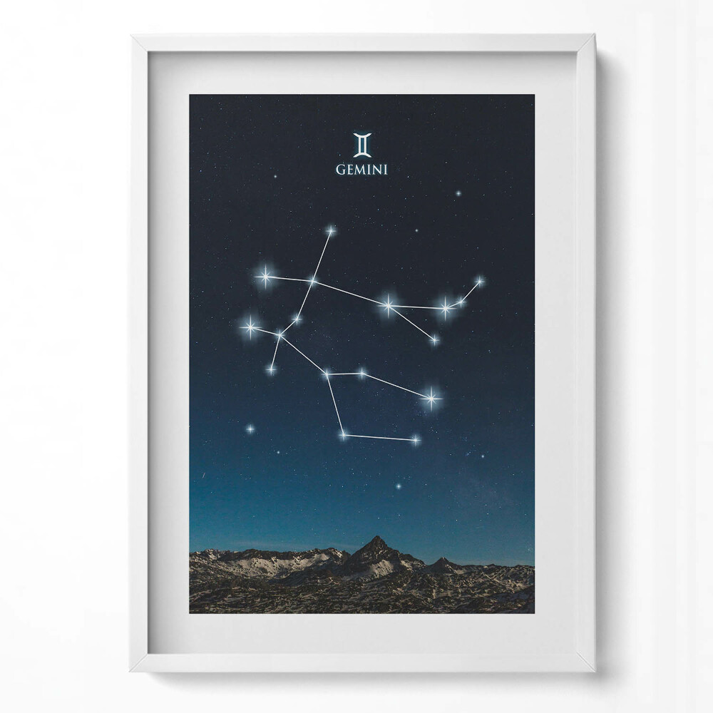 Függőleges kép keretben Ikrek csillagkép éjszakai háttérrel