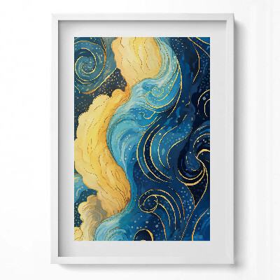 Függőleges kép keretben Kék és sárga hullámok arany díszítéssel