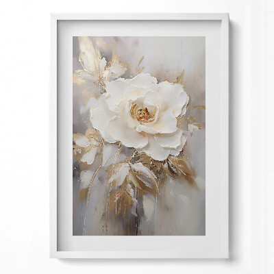 Függőleges kép keretben Fehér rózsa arany háttérrel