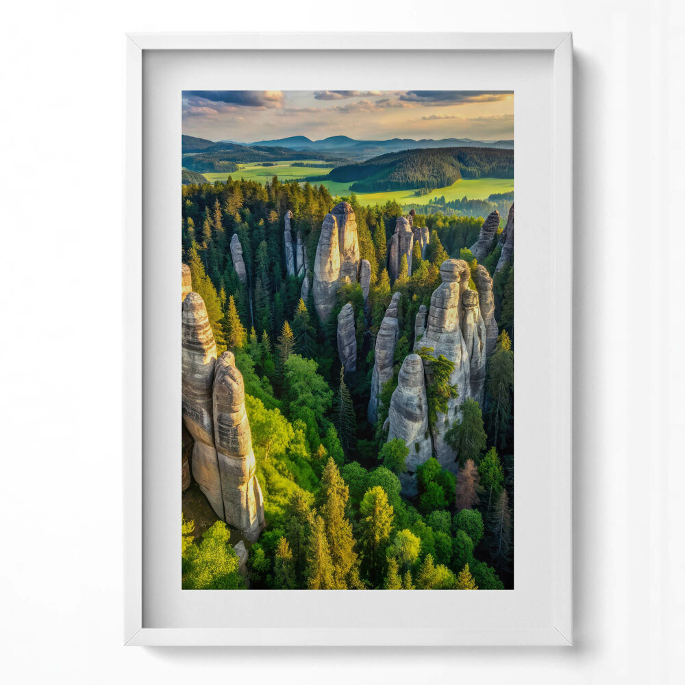 Függőleges kép keretben Sziklás táj zöld erdővel