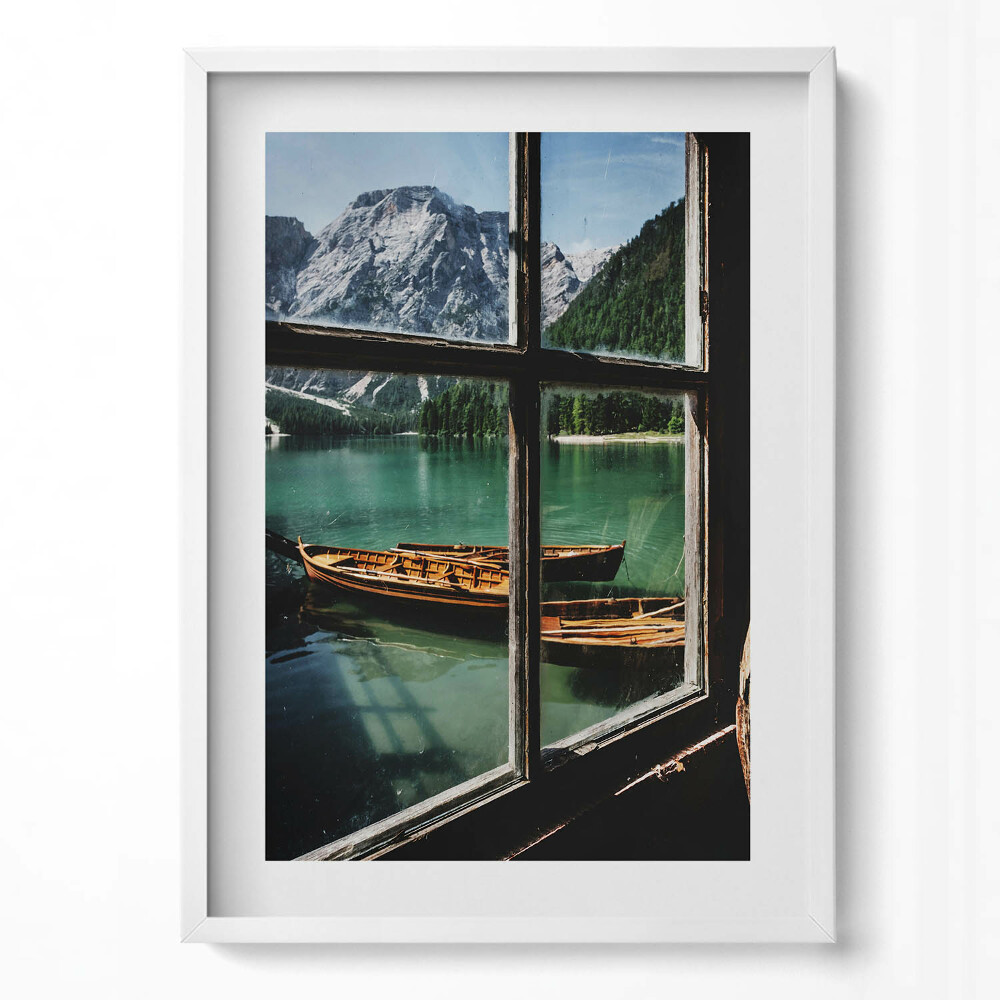 Függőleges kép keretben Tó hegyek csónakok