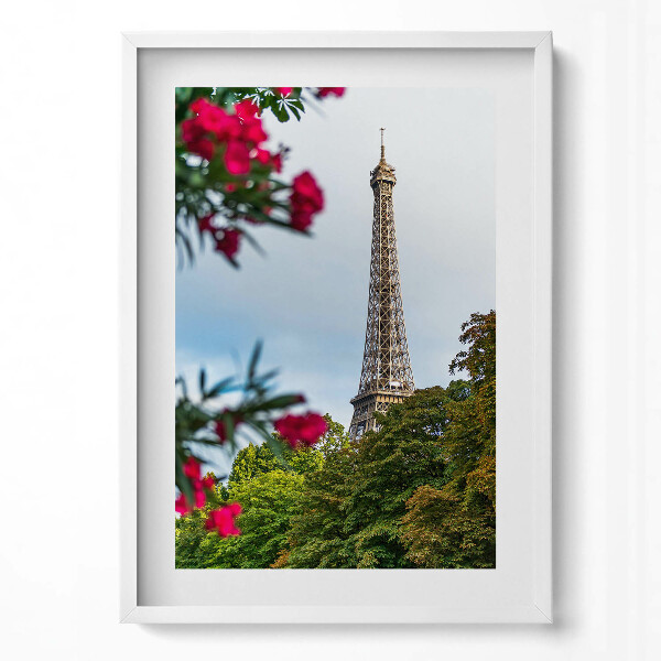 Függőleges kép keretben Eiffel-torony virágos háttérrel