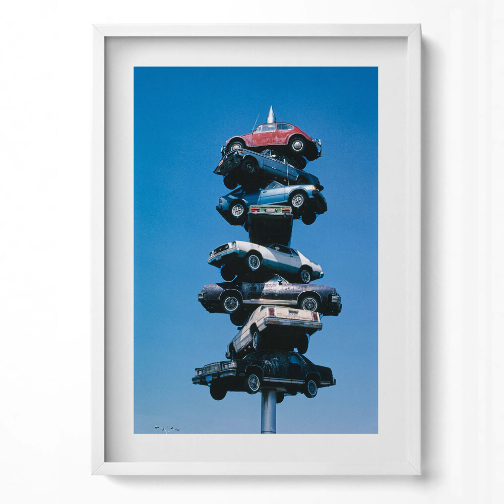 Függőleges kép keretben Autók toronyban kék háttér