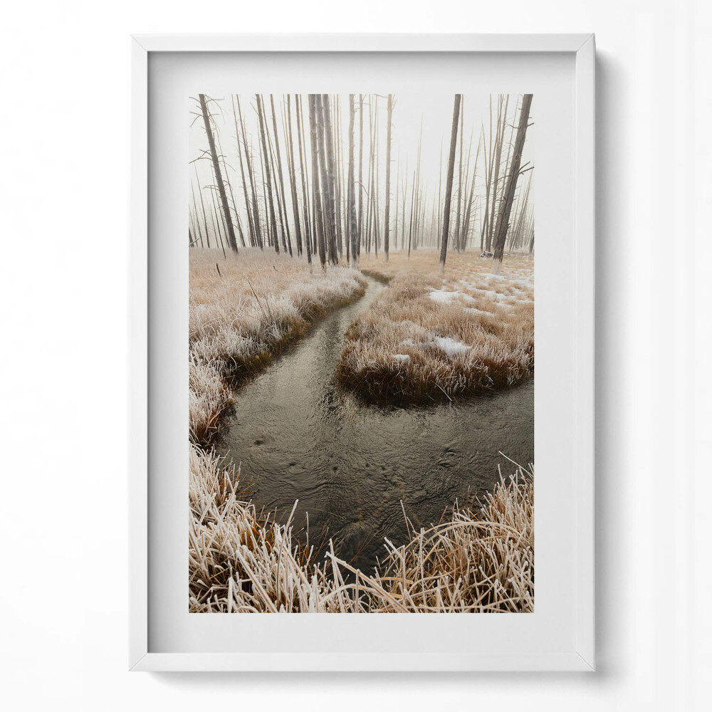 Függőleges kép keretben Fagyos táj vízfolyás fák