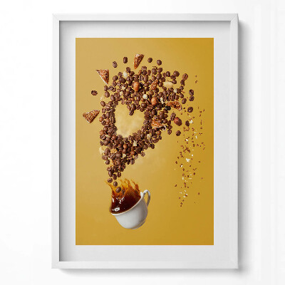 Függőleges kép keretben Kávészemek és ital szív alakban