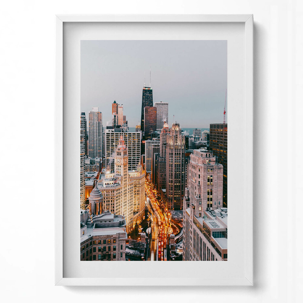 Függőleges kép keretben Városi táj felhőkarcolók esti fények