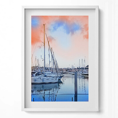 Függőleges kép keretben Hajók a kikötőben színes égbolt
