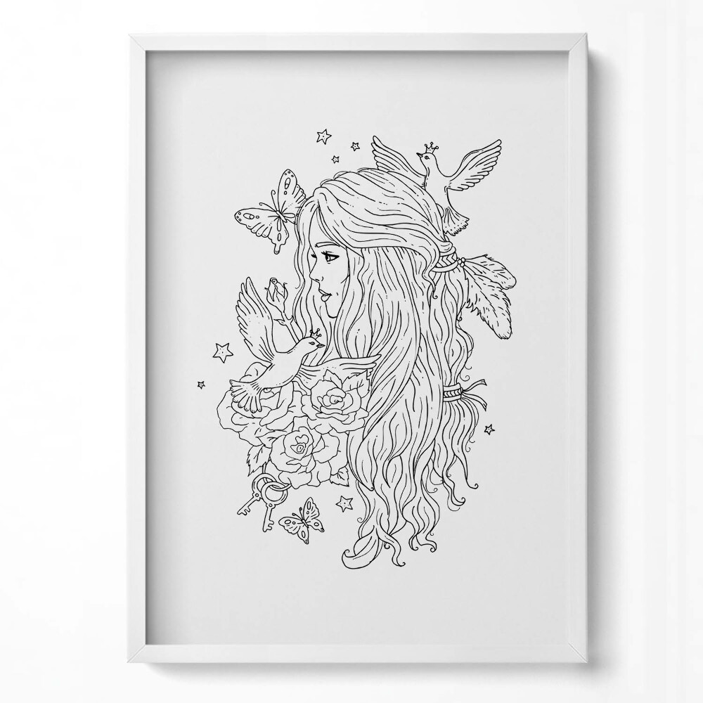 Függőleges kép keretben Virágok pillangók női alak