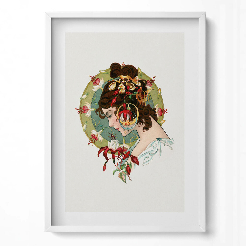 Függőleges kép keretben Női portré virágokkal