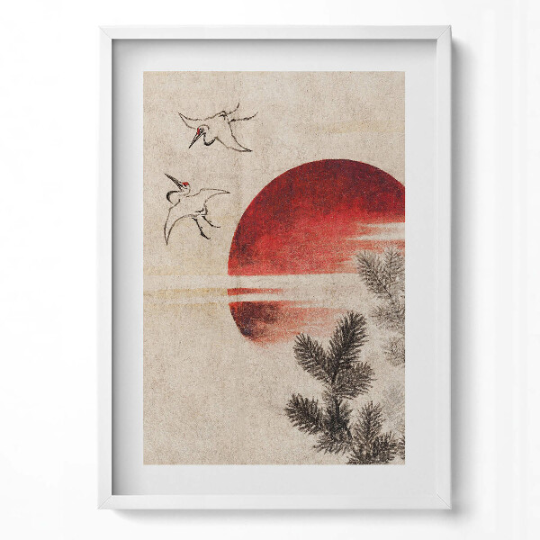 Függőleges kép keretben Naplemente gólyák fenyőág