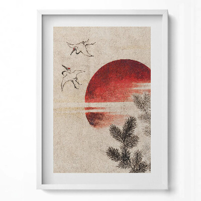 Függőleges kép keretben Naplemente gólyák fenyőág