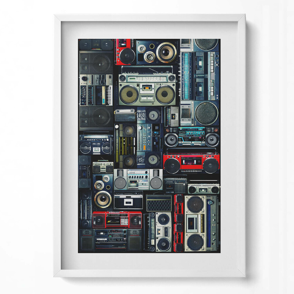 Függőleges kép keretben Régi magnók és hanglemezek