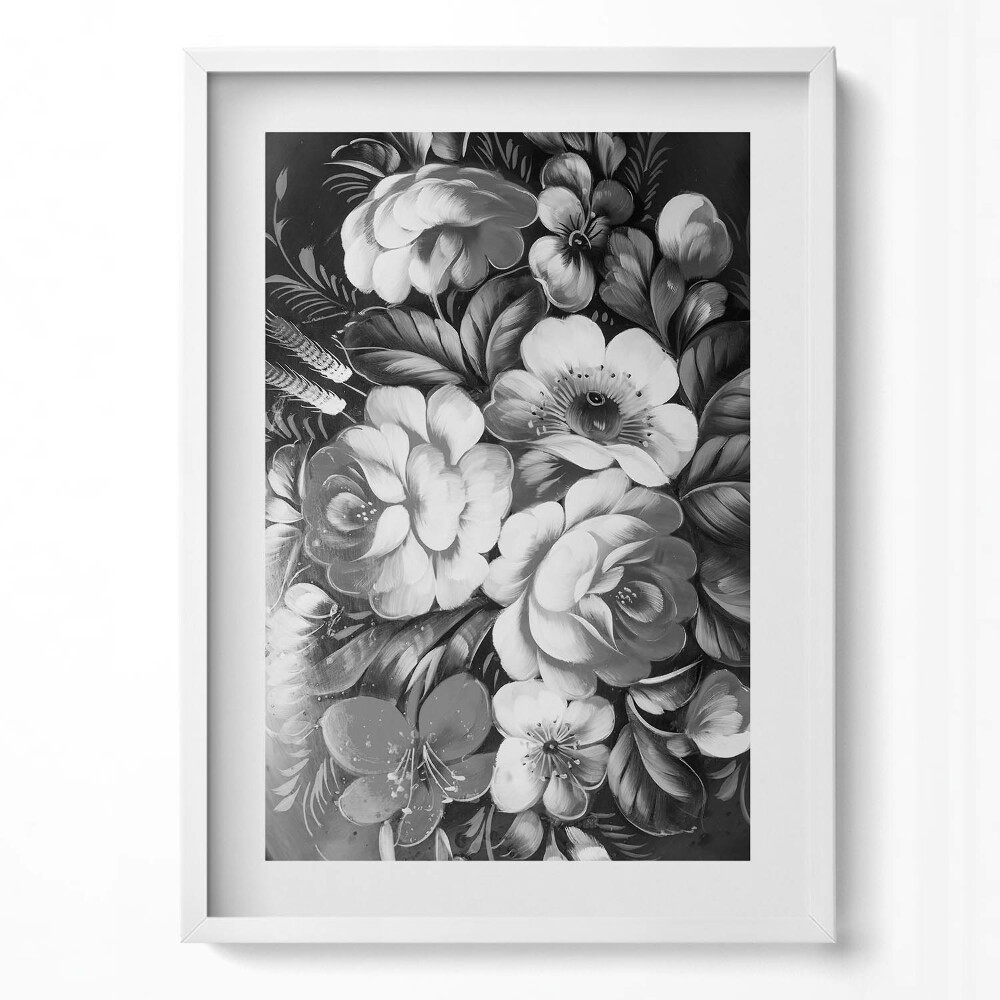Függőleges kép keretben Fekete-fehér virágmotívum