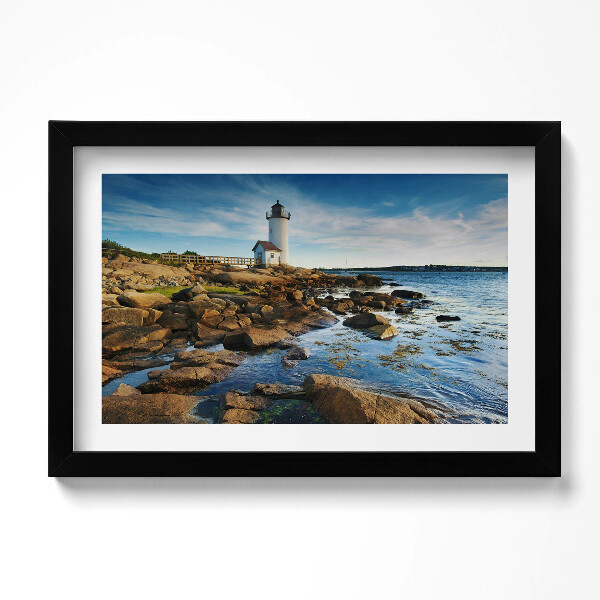 Keretezett kép Világítótorony, sziklák és égbolt tájkép