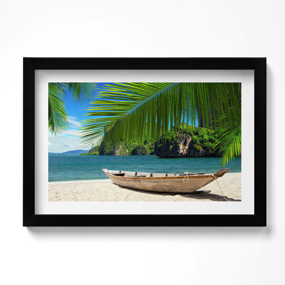 Kép keretben Csónak a tengerparton pálmafa alatt