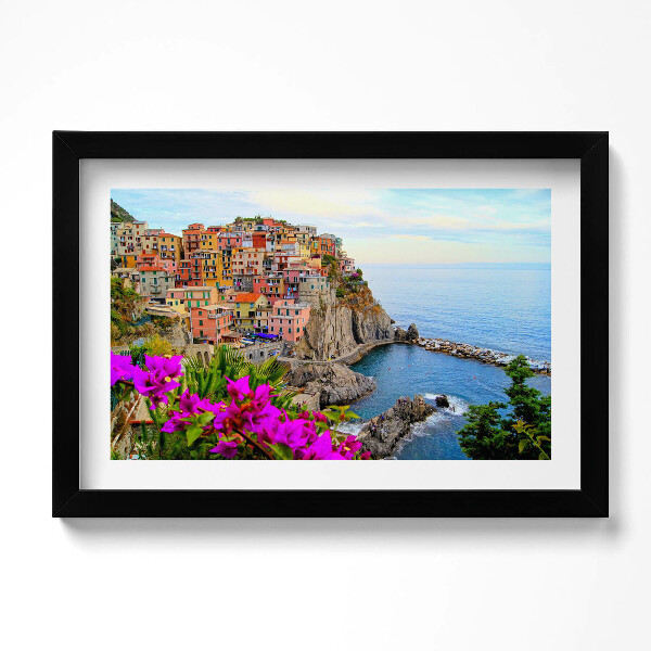 Keretezett kép Virágok és Cinque Terre partja Olaszországban