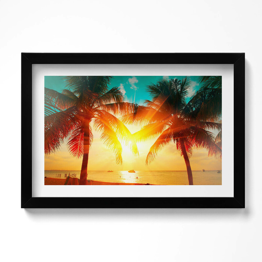 Kép keretben Holiday view - pálmafák naplementében Pálmafák naplementében