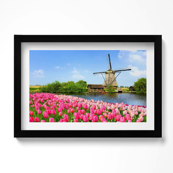 Kép keretben Holland szélmalom virágokkal