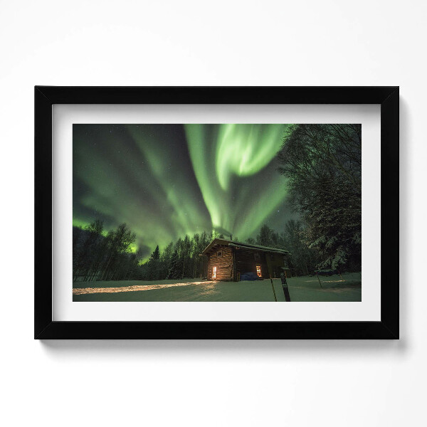 Kép keretben Sarki fény és faház az erdőben
