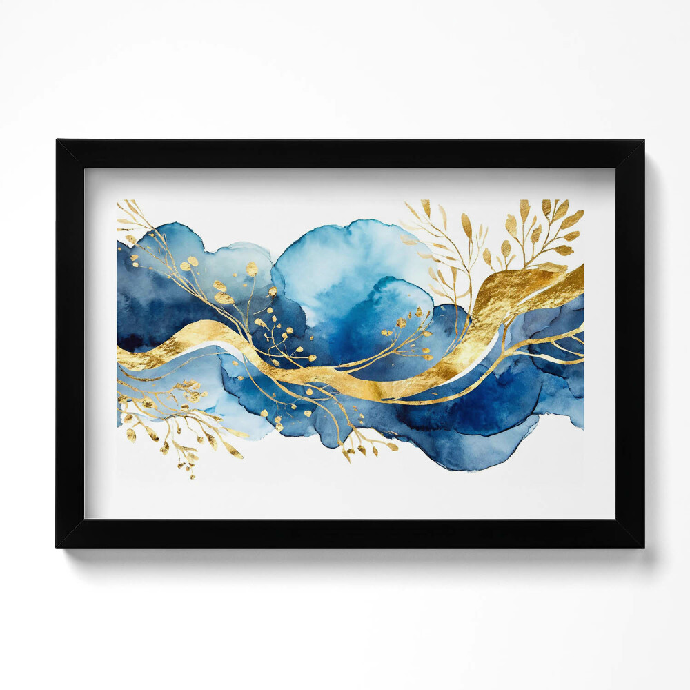Kép keretben Absztrakt arany növények kék háttéren