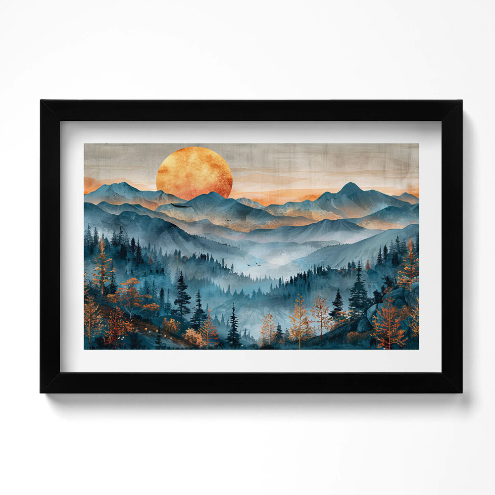 Keretezett kép Absztrakt tájkép nap hegyek és erdők felett