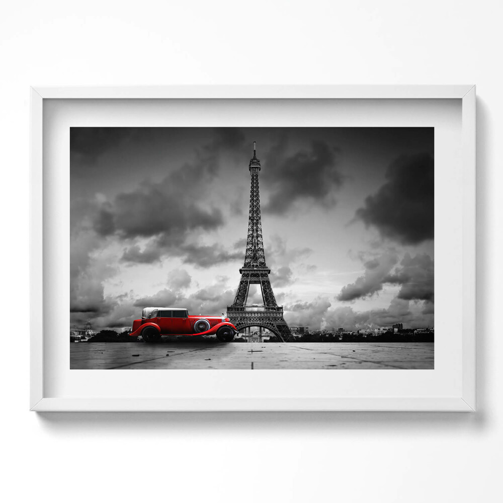 Kép keretben Párizsi Eiffel-torony és piros autó