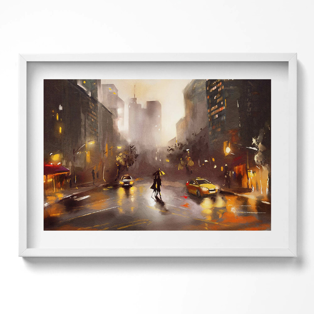 Kép keretben Esős városi táj ernyő alatt sétáló pár