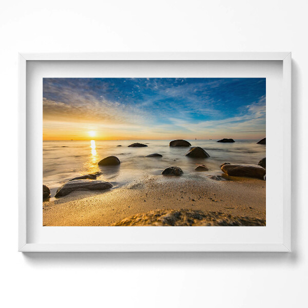 Kép keretben Nyugodt tengerpart kövek és naplemente
