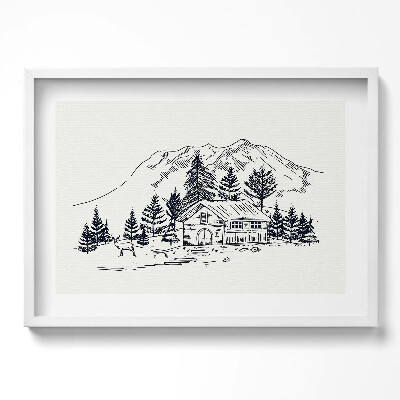 Kép keretben Hegyek erdő ház állatok