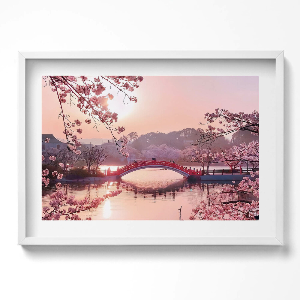 Kép keretben Virágzó cseresznye híd tó