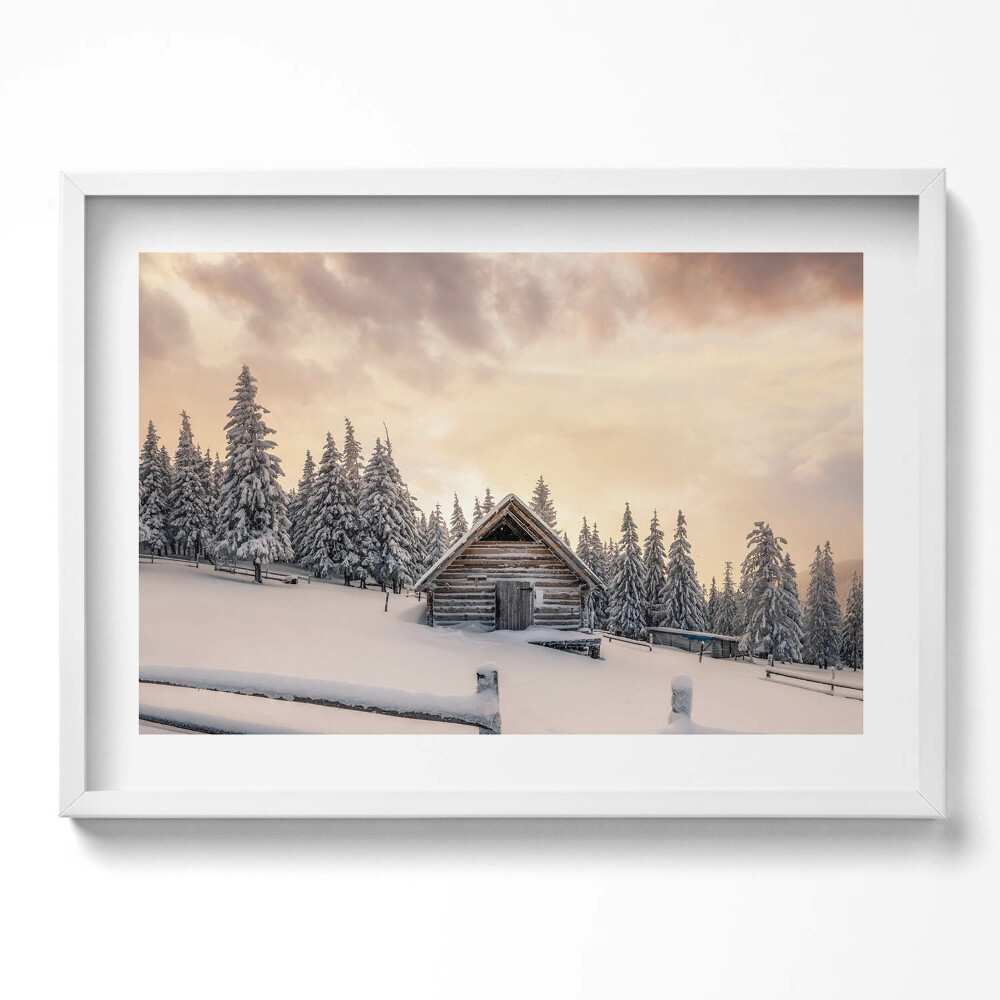 Kép keretben Téli táj hóval borított ház