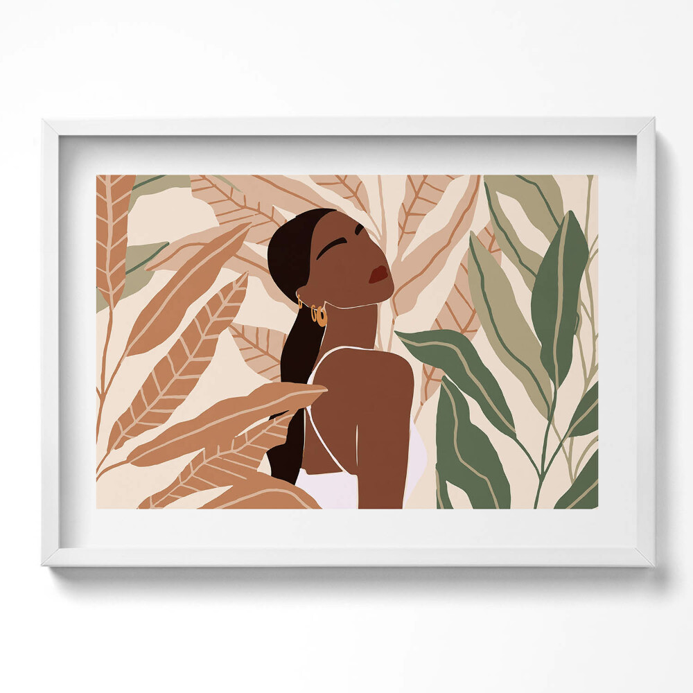 Kép keretben Női alak zöld levelek absztrakt stílus