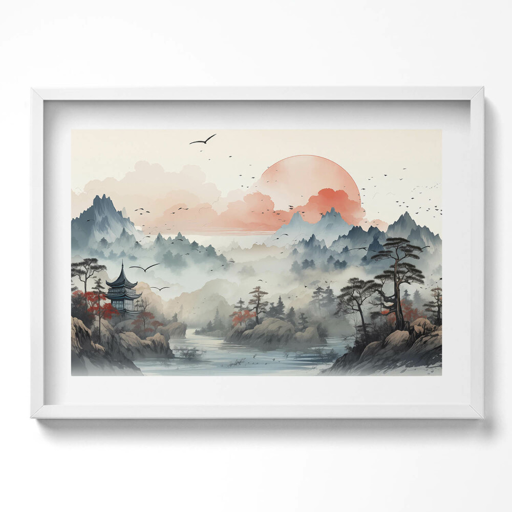 Kép keretben Hegyek tó naplemente keleti táj