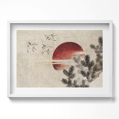 Kép keretben Naplemente gólyák fenyőág