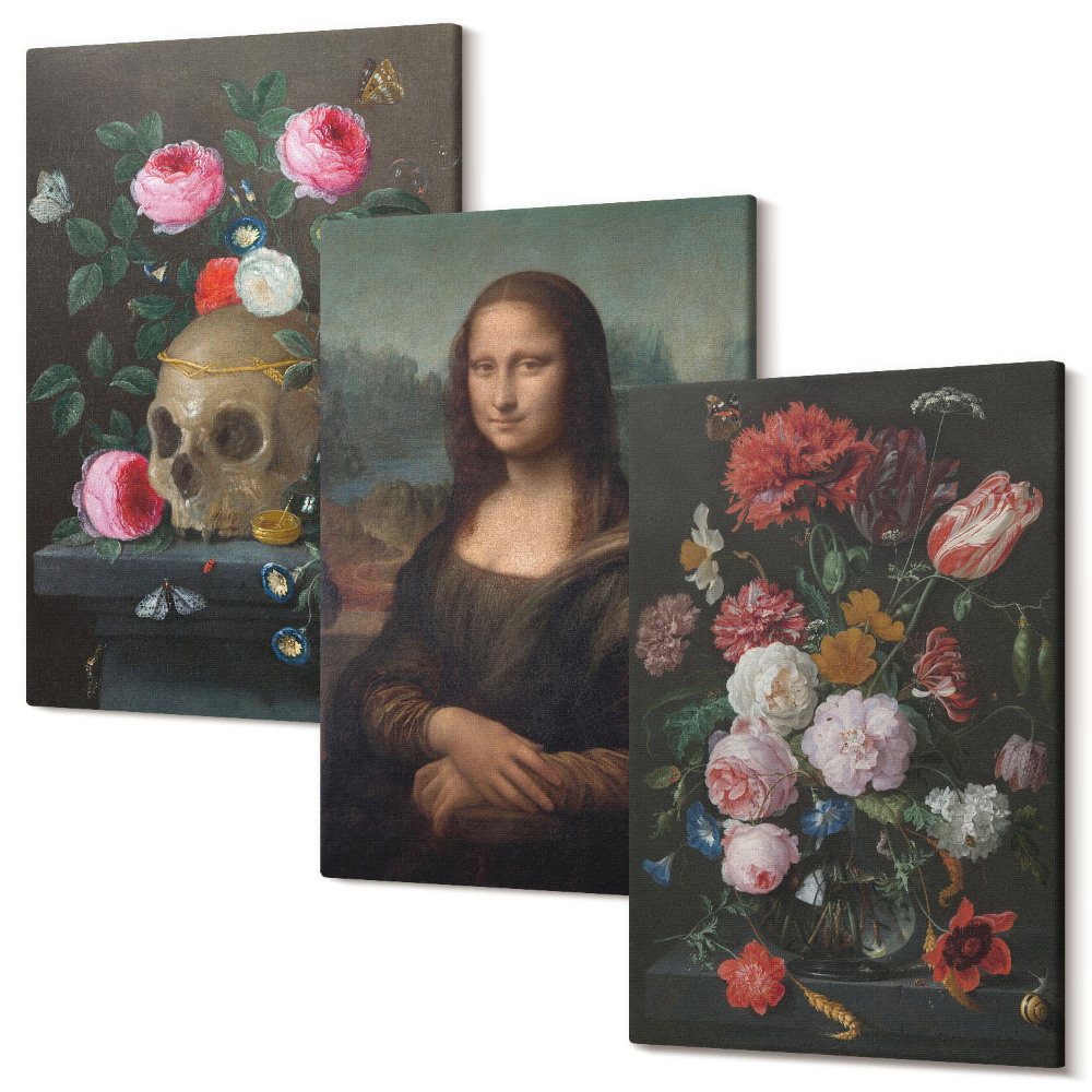 Falikép szett triptichon Vintage Flowers Skull and Mona Lisa Portré, Leonardo da Vinci