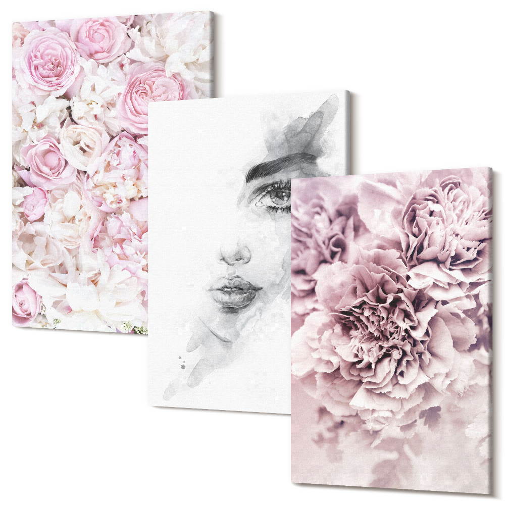 Háromrészes vászonkép szett Finom bazsarózsa fekete-fehér portréja egy nő
