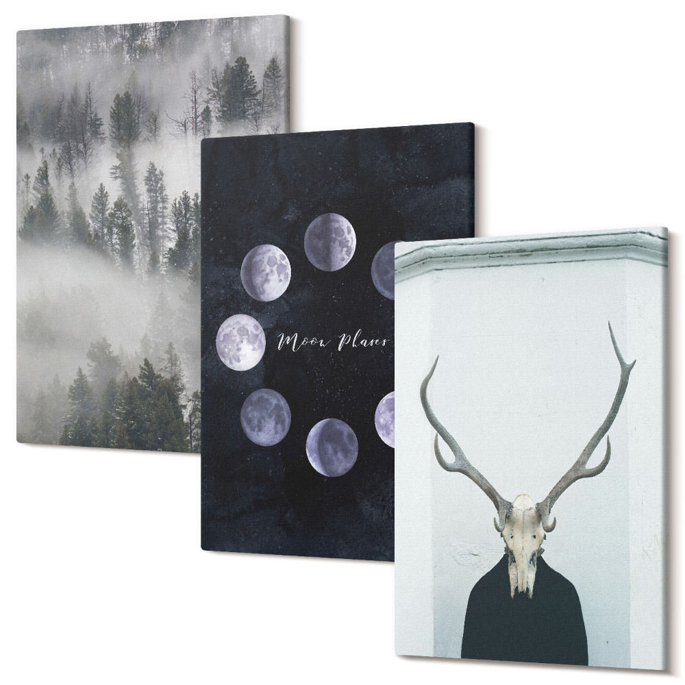 Falikép szett triptichon Erdei táj a köd holdfázisai szarvas koponyája