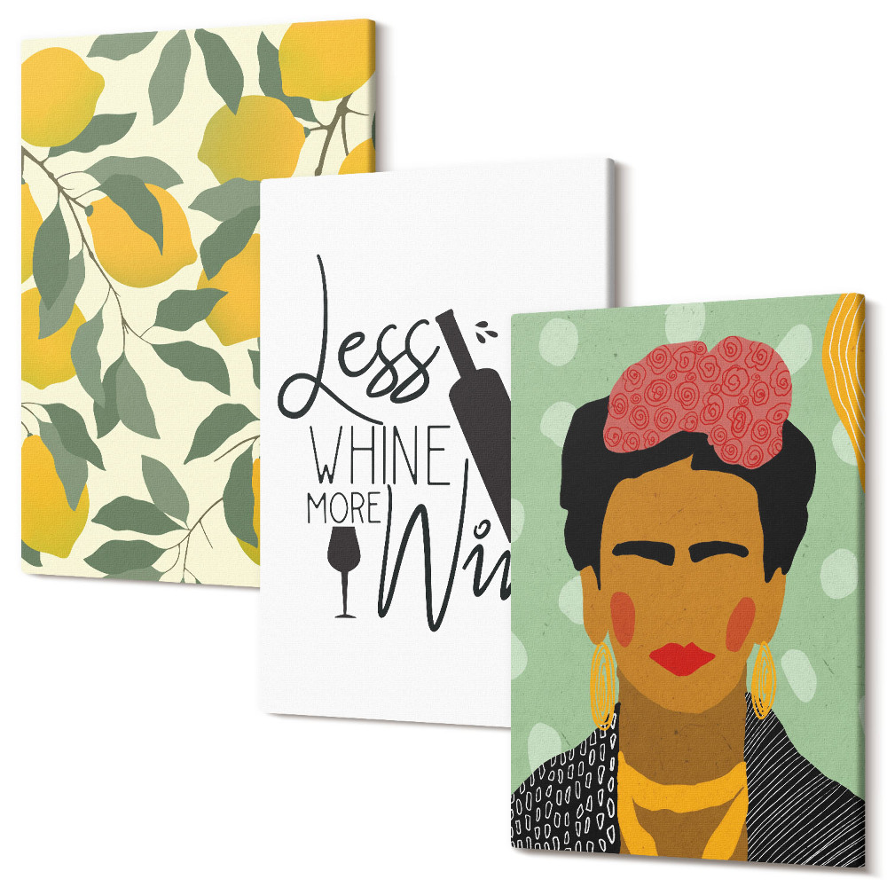 Kép szett triptichon Citrom borosüveg Frida Kahlo portréja