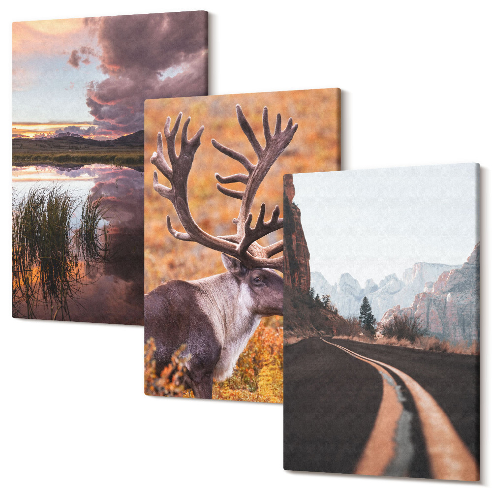 Falikép szett triptichon Hegyi tájak rénszarvasokkal és egy út a természetben