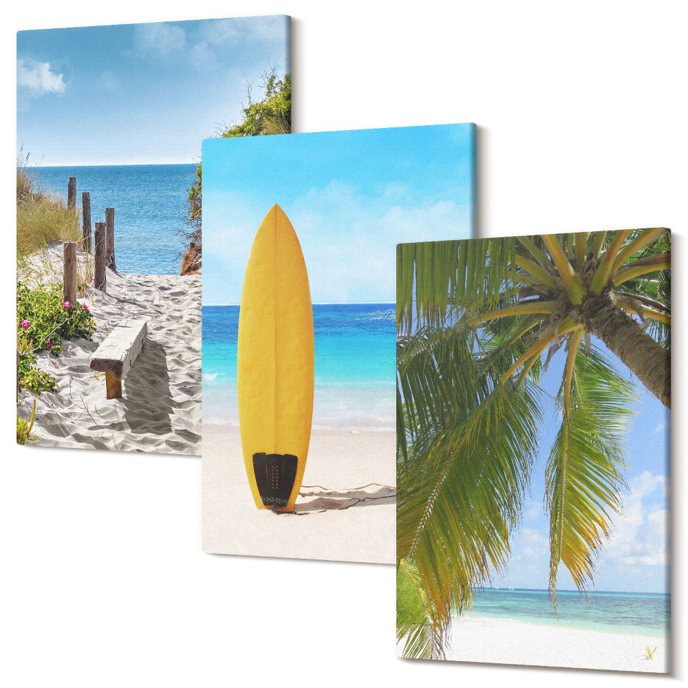 Falikép szett triptichon Nyaralás kilátással a strandra, a hullámokra és a pálmafákra a trópusokon