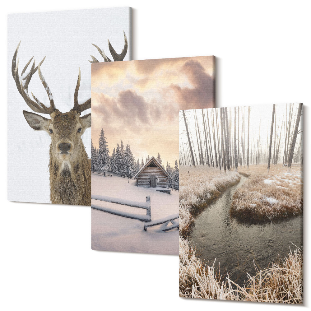 Kép szett triptichon Téli táj szarvaskunyhóval és patakkal
