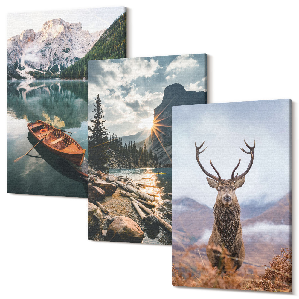 Háromrészes vászonkép szett Hegyi tó csónak naplemente szarvas a természetben