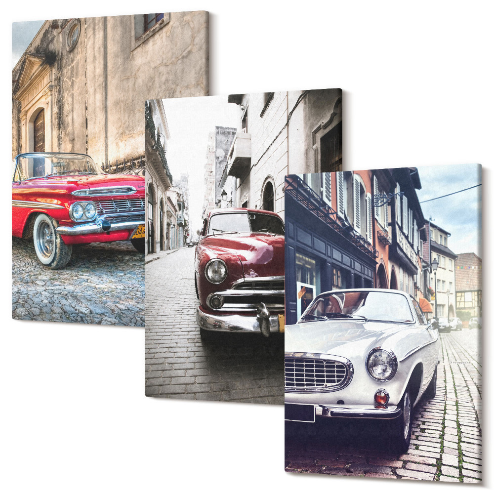 Falikép szett triptichon Klasszikus autók a város utcáin, különböző színekben