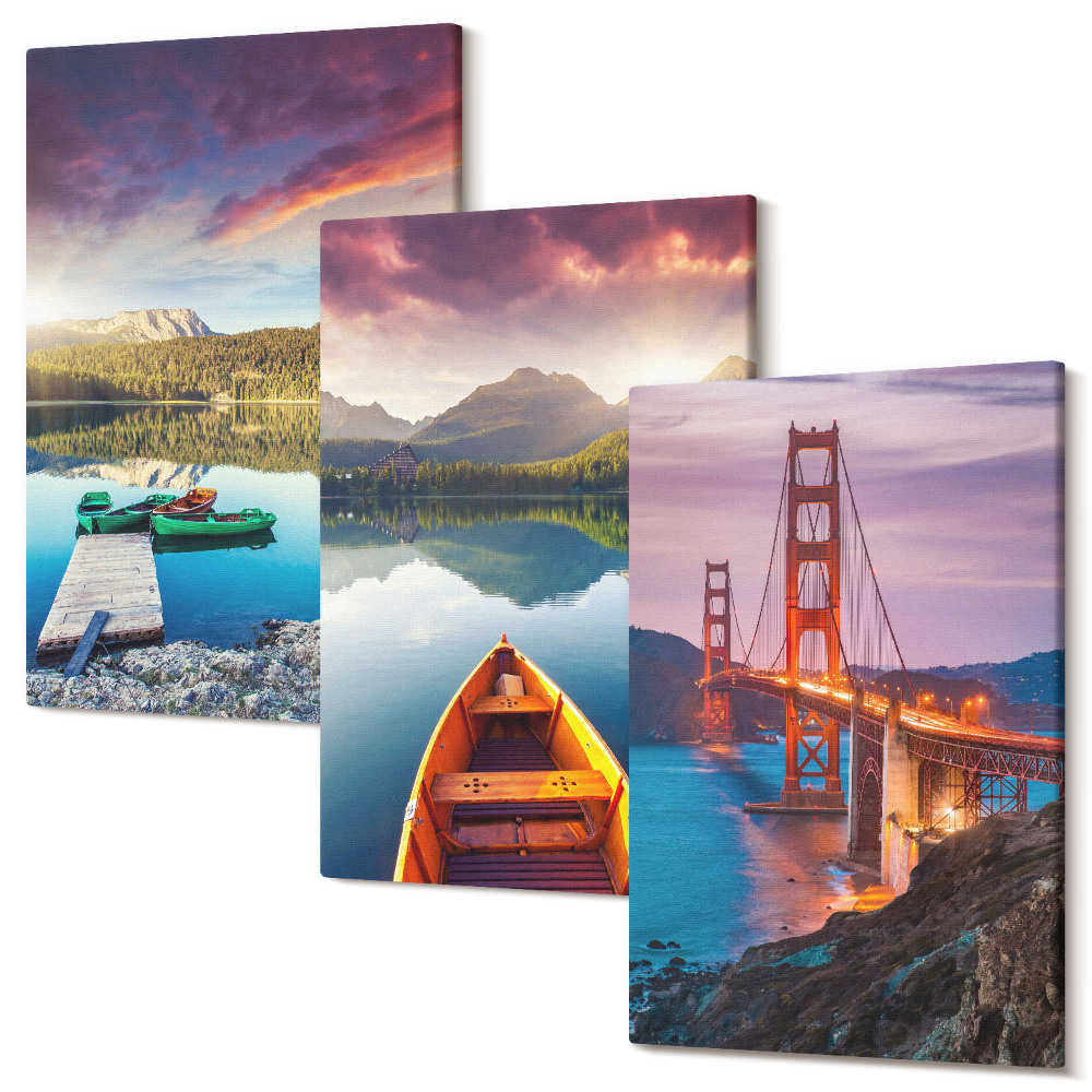 Falikép szett triptichon Kilátás a hegyekre tavakkal, csónakokkal és híddal