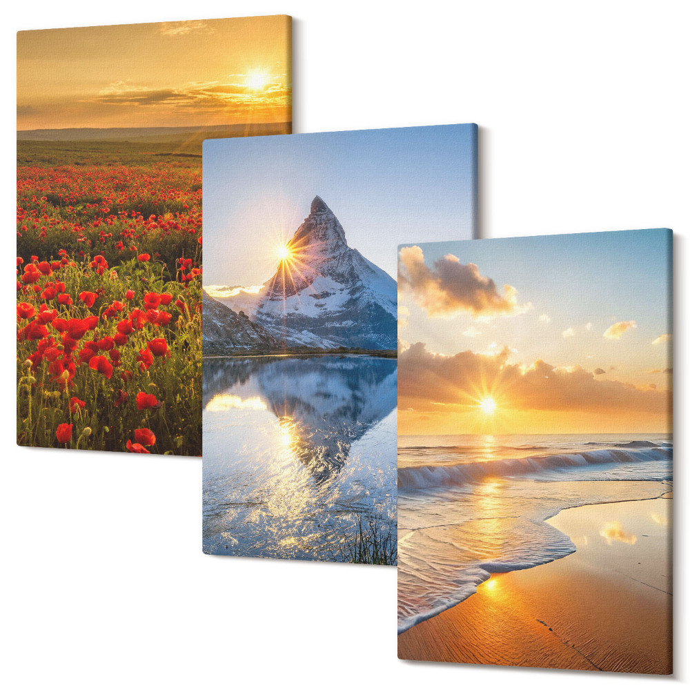 Háromrészes vászonkép szett Hegyi és tengerparti tájak naplementével