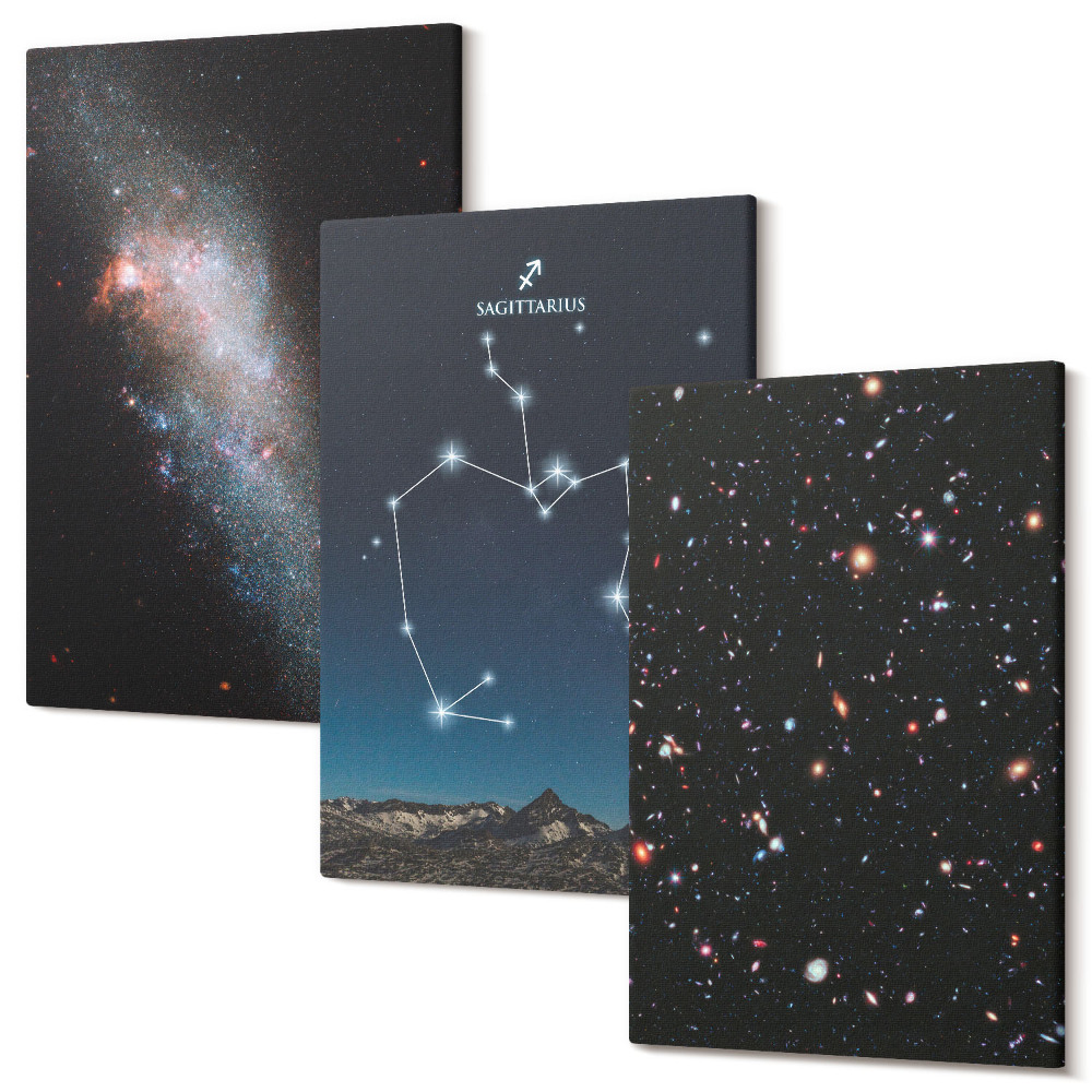 Háromrészes vászonkép szett Galaxisok, csillagképek és a Nyilas űrzodiákus jel