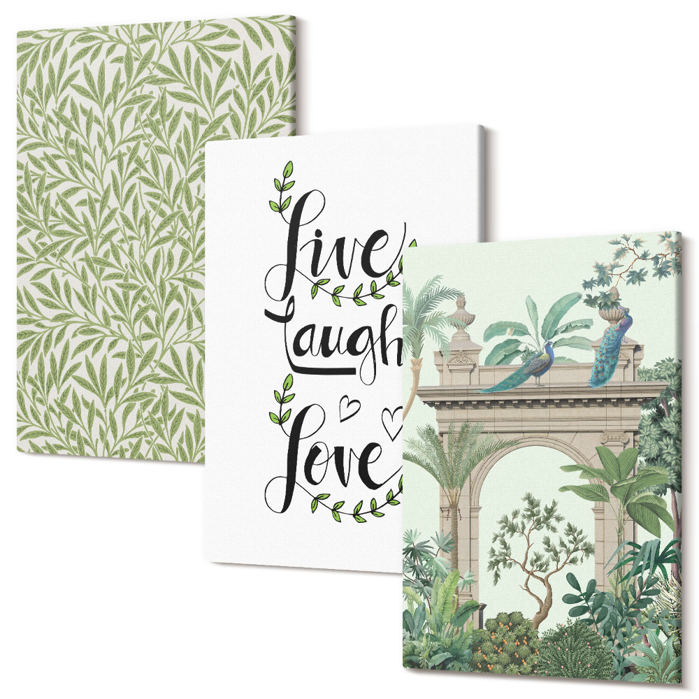 Falikép szett triptichon Zöld levelek, feliratok és egzotikus növények az építészetben